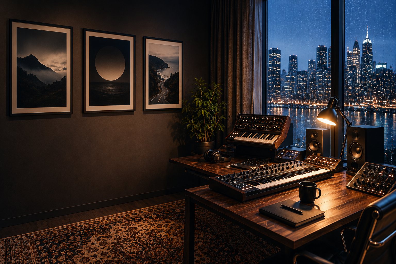 Solven Grey's listening room at night — synthesizers and studio monitors on a wood desk, framed landscape prints on the wall, and a rain-streaked window overlooking a lit city skyline.