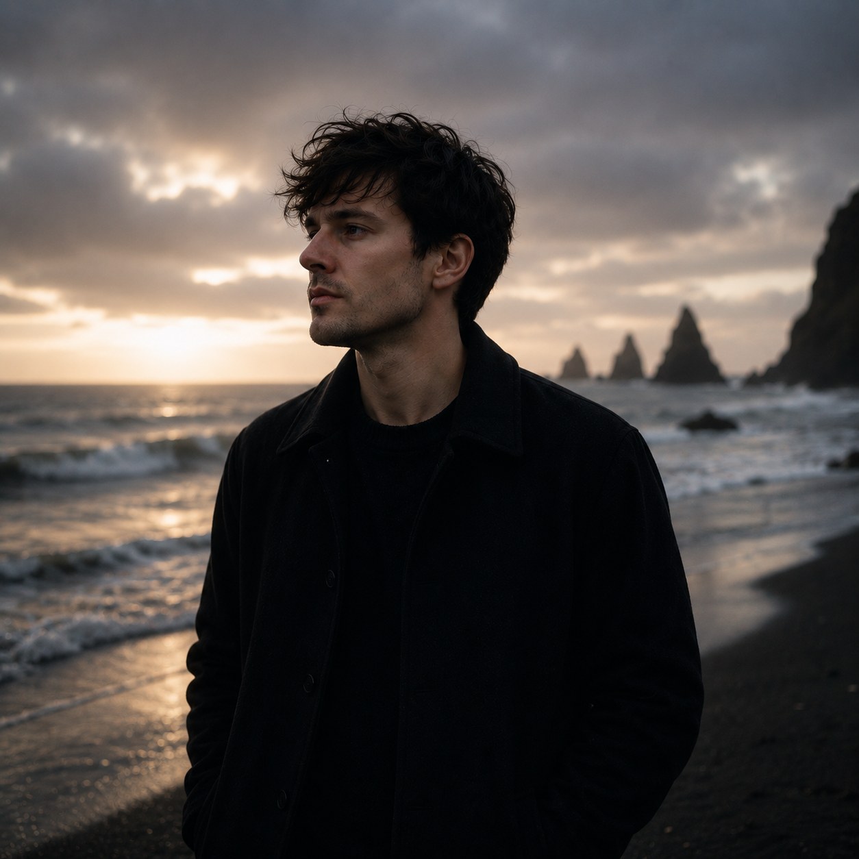 Solven Grey in three-quarter profile against a cold, overcast fjord, wearing a black wool coat.