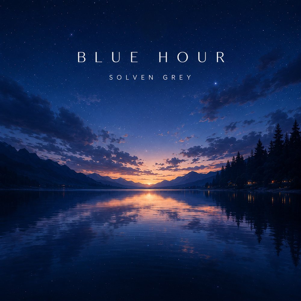 Blue Hour by Solven Grey — a mountain lake at dusk beneath a starlit sky, still water reflecting the last warm light on the horizon.