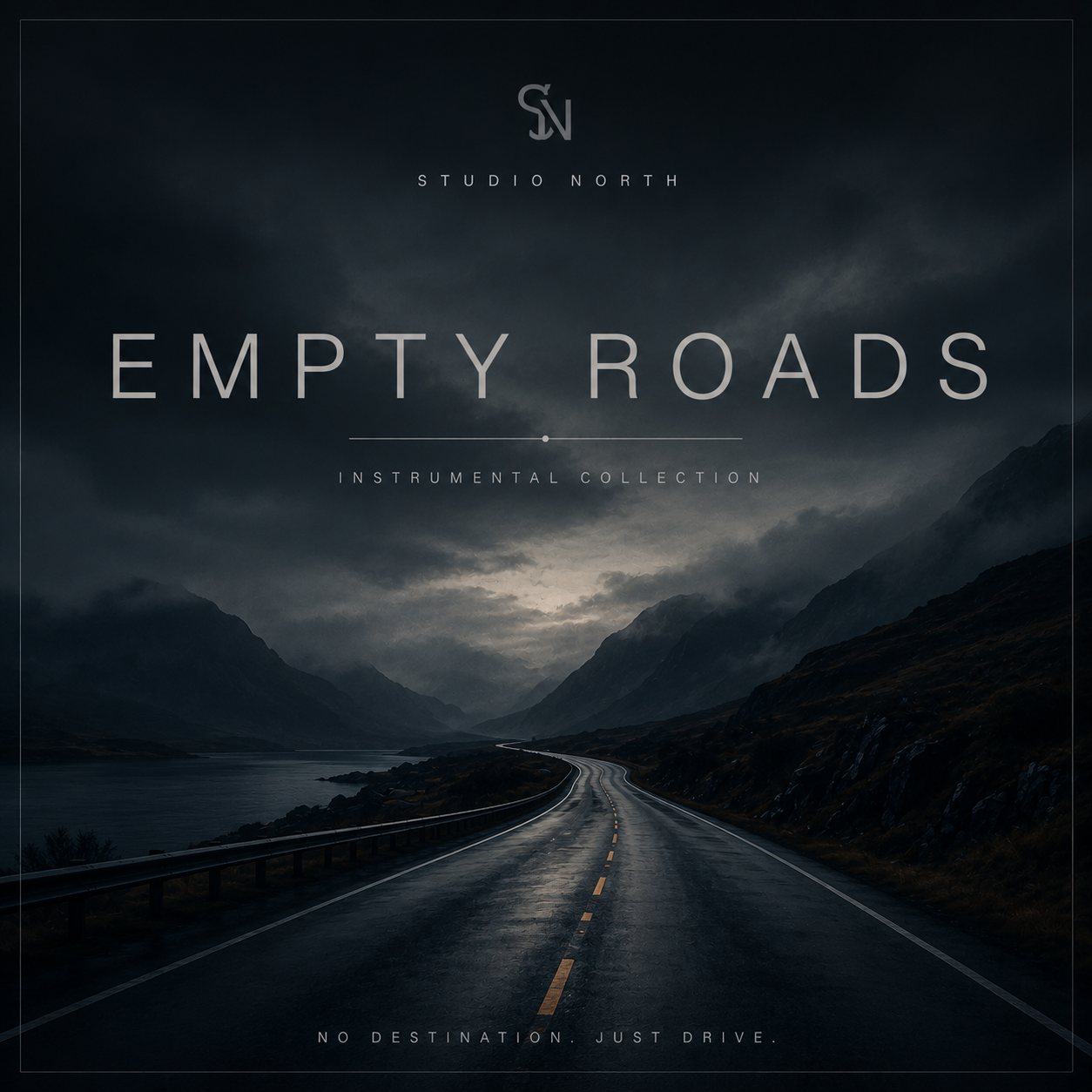 Empty Roads by Solven Grey — a wet mountain highway winding through a dark, misty valley toward a faint break of moonlight in the clouds.