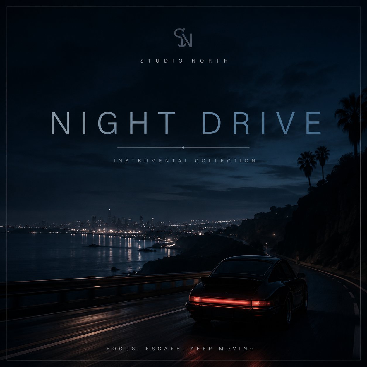 Night Drive by Solven Grey — a lone car on a coastal highway at night, its tail lights glowing, a distant city skyline reflected across dark water.