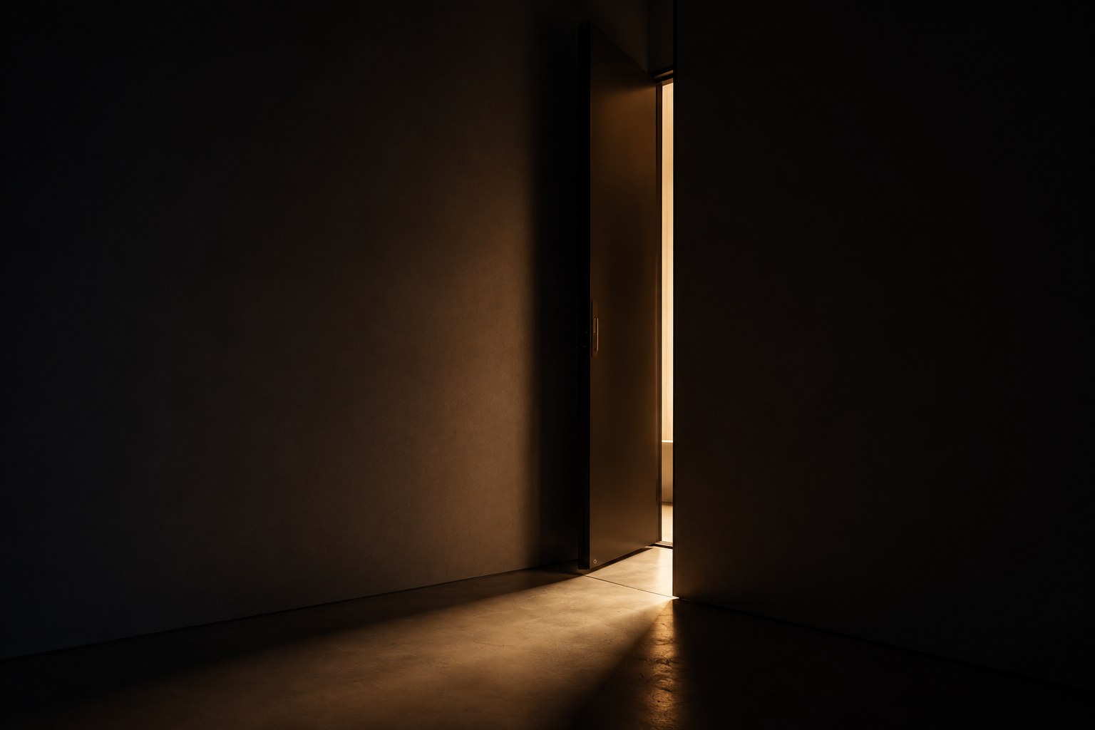 A dark room with a door held ajar, warm light spilling across the floor from the room beyond.