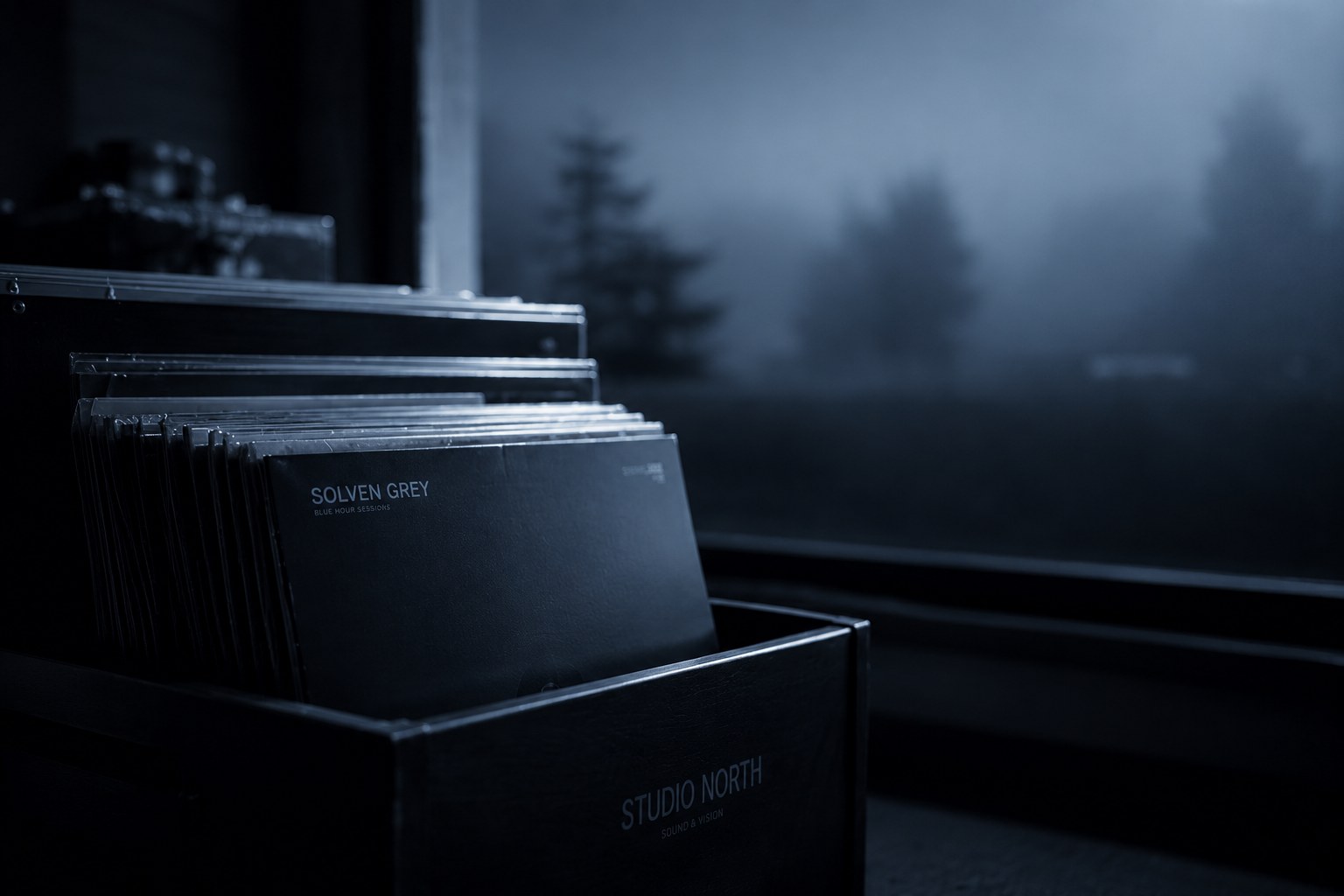 A crate of vinyl records labeled Studio North and Solven Grey, resting on a windowsill against a foggy tree line.