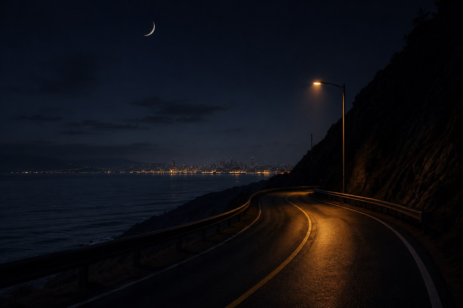 A coastal two-lane highway curving along a cliff at night, a crescent moon overhead and a city's lights across the water.