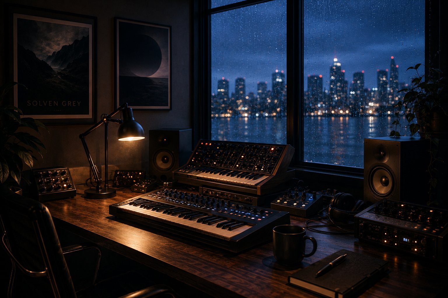 A dimly lit production studio at night — layered synthesizers and studio monitors on a wood desk, a framed Solven Grey print on the wall, and a rain-streaked window overlooking a lit city skyline.