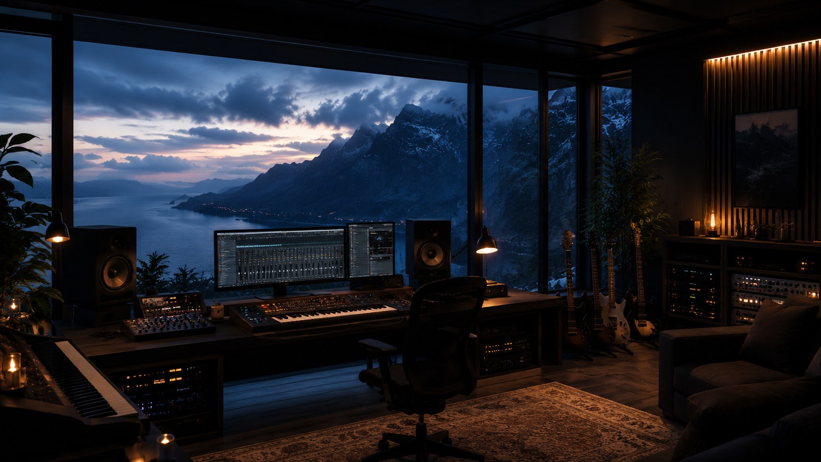 A recording studio overlooking a mountain fjord at dusk, instruments and gear lit warm against the cold blue outside.